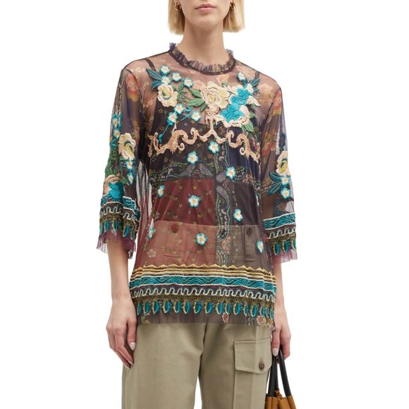 Johnny Was MEDIUM Renley Floral Embroidered Sheer Ruffle 3/4 Length Sleeve Top - Picture 1 of 12